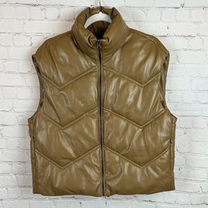 ZARA beige-khaki-taupe faux vegan leather puffer high neck waistcoat vest S NWOT